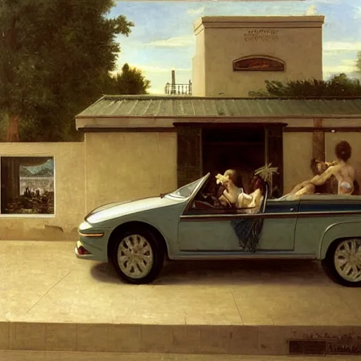 Image similar to an oil painting of an angel driving a car in a restaurant drive through, exterior view, by Bouguereau, highly realistic and intricate