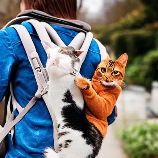 Image similar to a cat carrying a human in a pet backpack