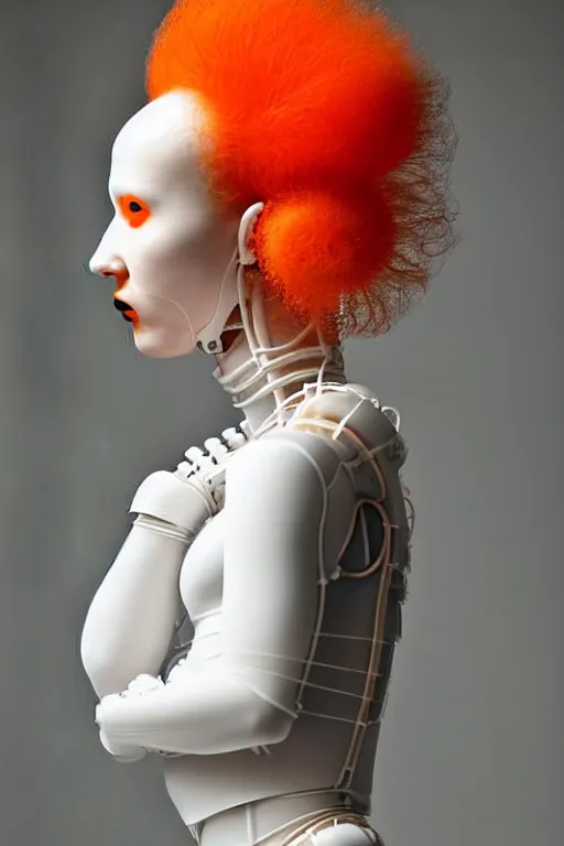 Prompt: symmetrical portrait of a woman wearing an orange embroidered translucent silicone mask and black frizzy hair buns, wearing a white bodysuit by alexander mcqueen, white background, soft diffused light, biotechnology, humanoide robot, futuristic aesthetic, translucent, ethereal, intricate details, highly detailed, masterpiece,