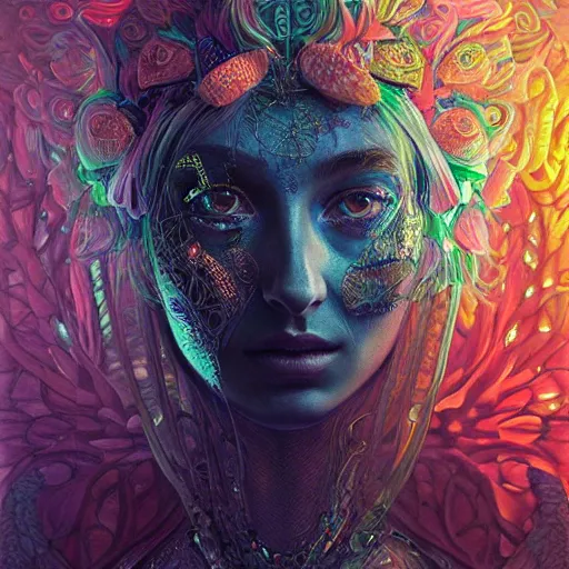 Image similar to portrait of sophie turner, hyper detailed masterpiece, neon floral pattern, jean giraud, digital art painting, darkwave goth aesthetic, psychedelic, artgerm, donato giancola and tom bagshaw