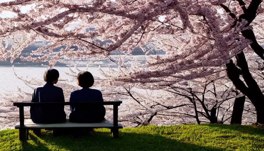 Image similar to back view of an old japanese couple watching sunset while sitting on the bench, cherry blossoms, lake, forest, village, hayao miyazaki, hyperdetailed, artstation, cgsociety, 8 k