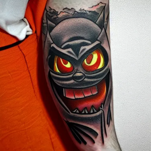 Image similar to cartoon tattoo of an angry pumpkin with glowing eyes and a light gray background on shoulder