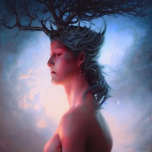 Image similar to a hyperrealistic acrylic on canvas portrait painting of the Moon Goddess by Greg Rutkowski, Artgerm and Beksinski. Epic fantasy art. Vivid cinematic lighting. Night scene.