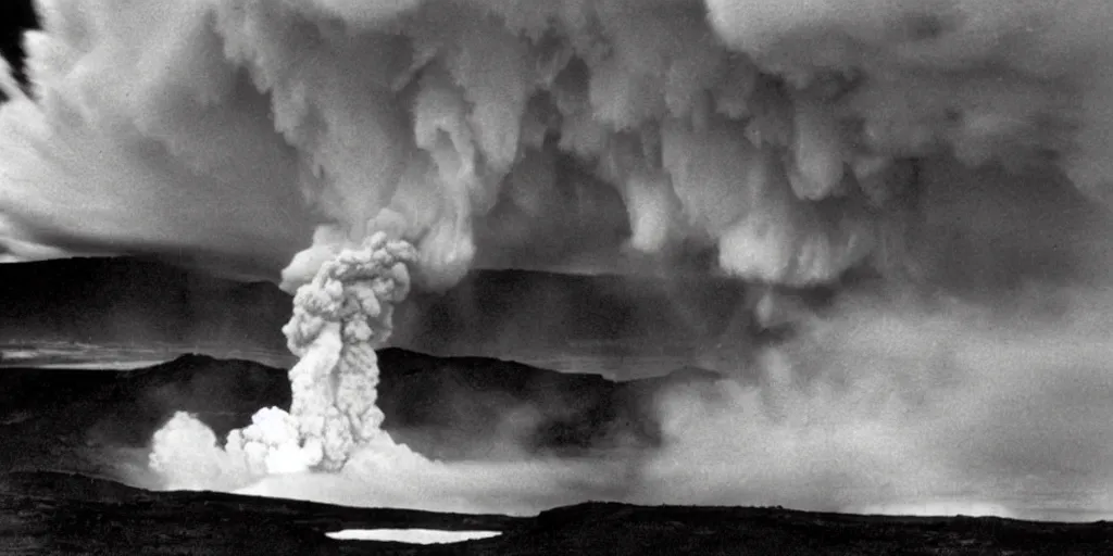 Prompt: A sebastiao salgado photograph of an Icelandic volcano violently erupting into space, a single stream of lava launching into the sky, the lava becomes lightning