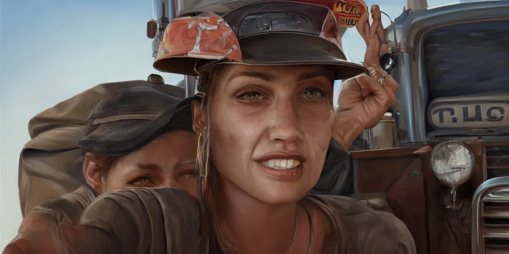 Prompt: highly detailed portrait painting of truck driver and angelina joile, perfect symmetrical eyes, by eddie mendoza and tyler edlin, 8 k resolution