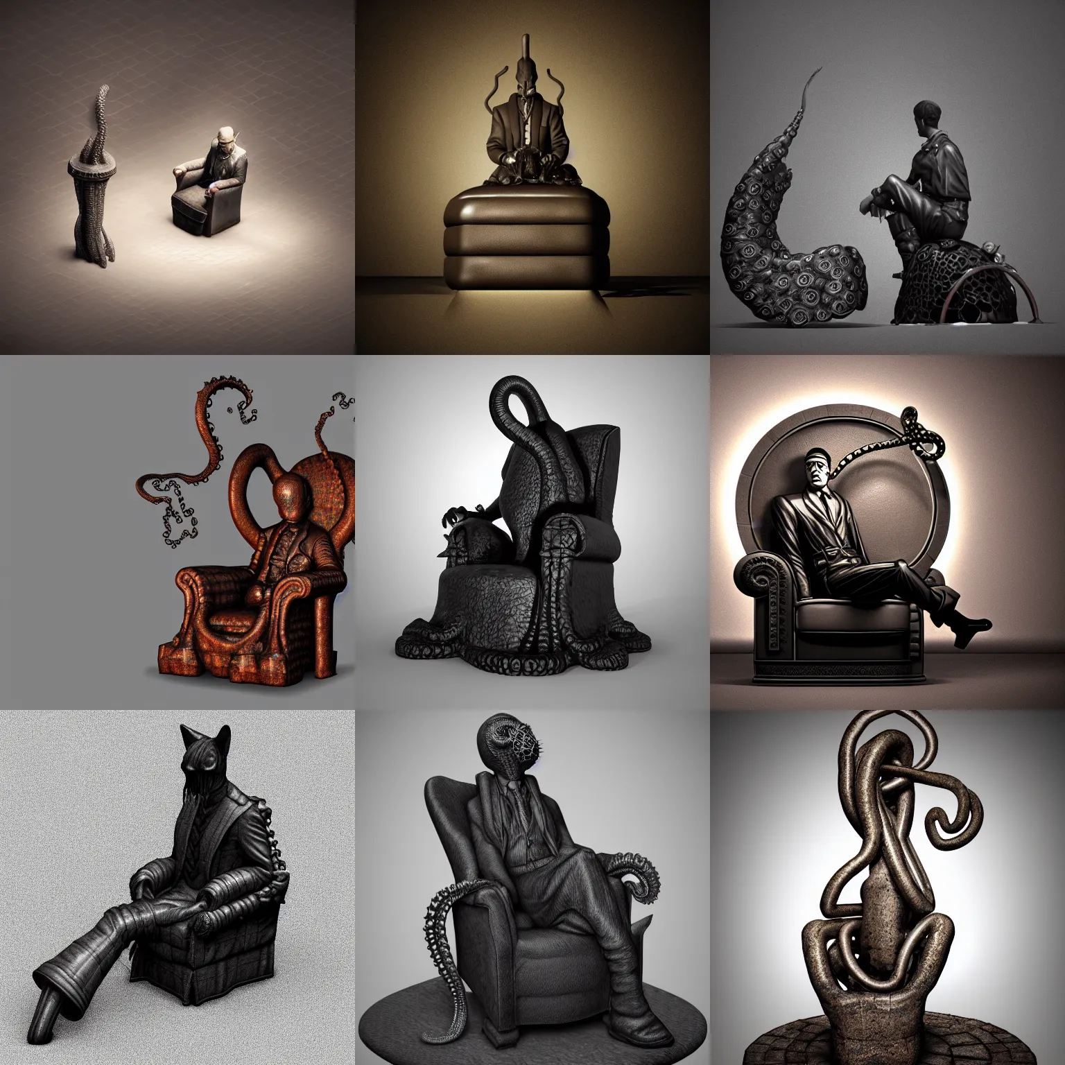 Prompt: isometric view iron statue - cat lap on howard phillips lovecraft dressed suit sit in tall leather armchair pet, big tentacle as circle lie on floor, and wall darkness, cast iron material, black background, octane render, backlight, highly detailed intricate matte sharp focus digital painting artstation pixiv