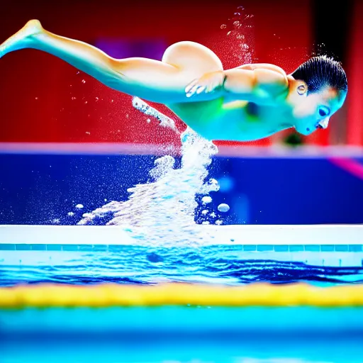 Prompt: uhd photo of olympic diver diving into a pool of spaghetti, uhd hyperdetailed photography