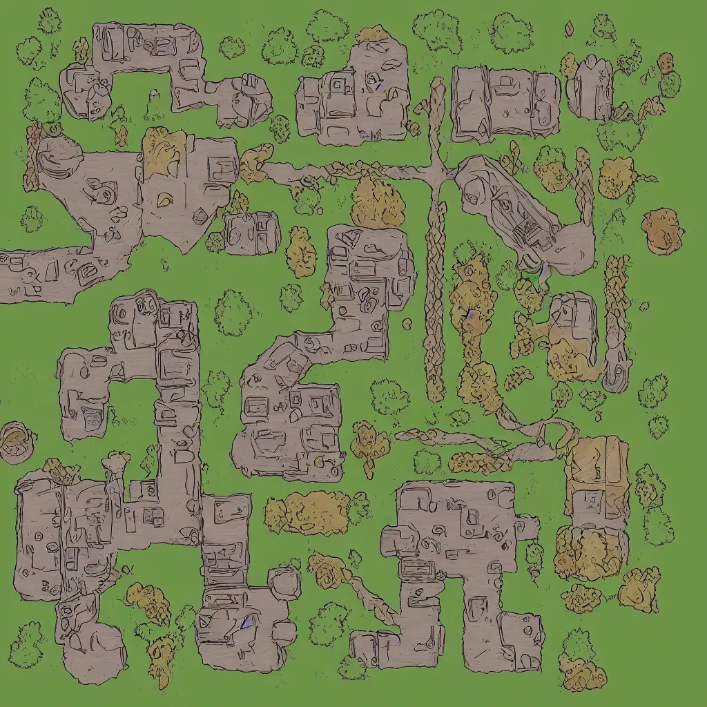 Image similar to simplistic bandit camp layout, art by allixander maps, acrylic drawing, fantasy, world, bright, clear, simple, sharpened