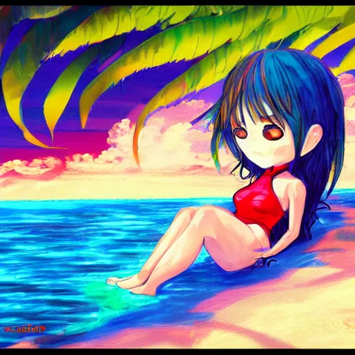 Image similar to chibi anime character, chilling on the beach, lofi colors, digital painting, super detailed