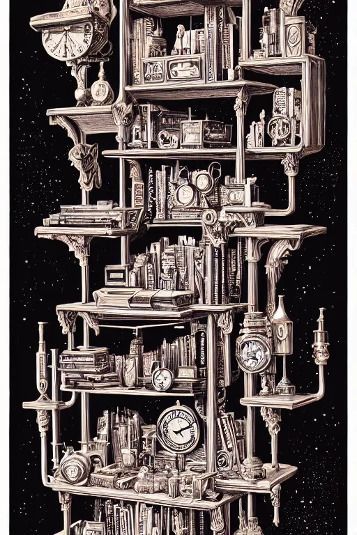 Image similar to a majestic steampunk alchemists bookshelf, two point perspective, furniture, high details, bold line art, by vincent di fate and joe fenton, inking, etching, screen print, masterpiece, trending on artstation, sharp, high contrast, hyper - detailed,, hd, 4 k, 8 k