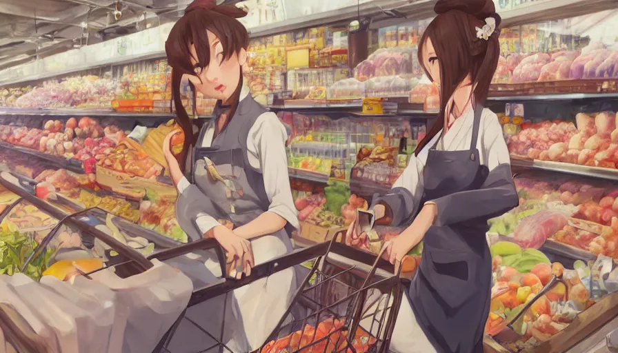 Image similar to photography of a woman grocer with frock, looks like ziyi zhang ， ponytail, grocery store around, winter, anime style character, clean soft lighting, backlit beautiful face, clean brush stroke, 8 k character concept art, by wolp and artgerm ， 3 d