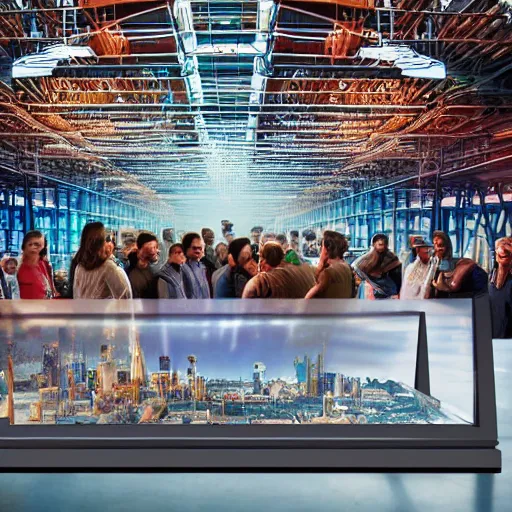 Image similar to large group people in open warehouse, looking at hologram of futuristic city on a table, cinematic concept art, godrays, golden hour, natural sunlight, 4 k, clear details, tabletop model buildings, tabletop model, hologram center, crane shot, crane shot, crane shot