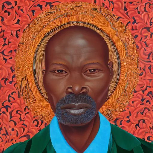 Prompt: a painting of a round face, XXL , fatherly, loving, caring, generous, ever-present, humble, wise elder from Kenya in a suit by Kehinde Wiley . Fatherly/daddy, focused, loving, leader, relaxed,. ethereal lights, details, smooth, sharp focus, illustration, realistic, cinematic, artstation, award winning, rgb , unreal engine, octane render, cinematic light, macro, depth of field, blur, red light and clouds from the back, highly detailed epic cinematic concept art CG render made in Maya, Blender and Photoshop, octane render, excellent composition, dynamic dramatic cinematic lighting, aesthetic, very inspirational, arthouse.