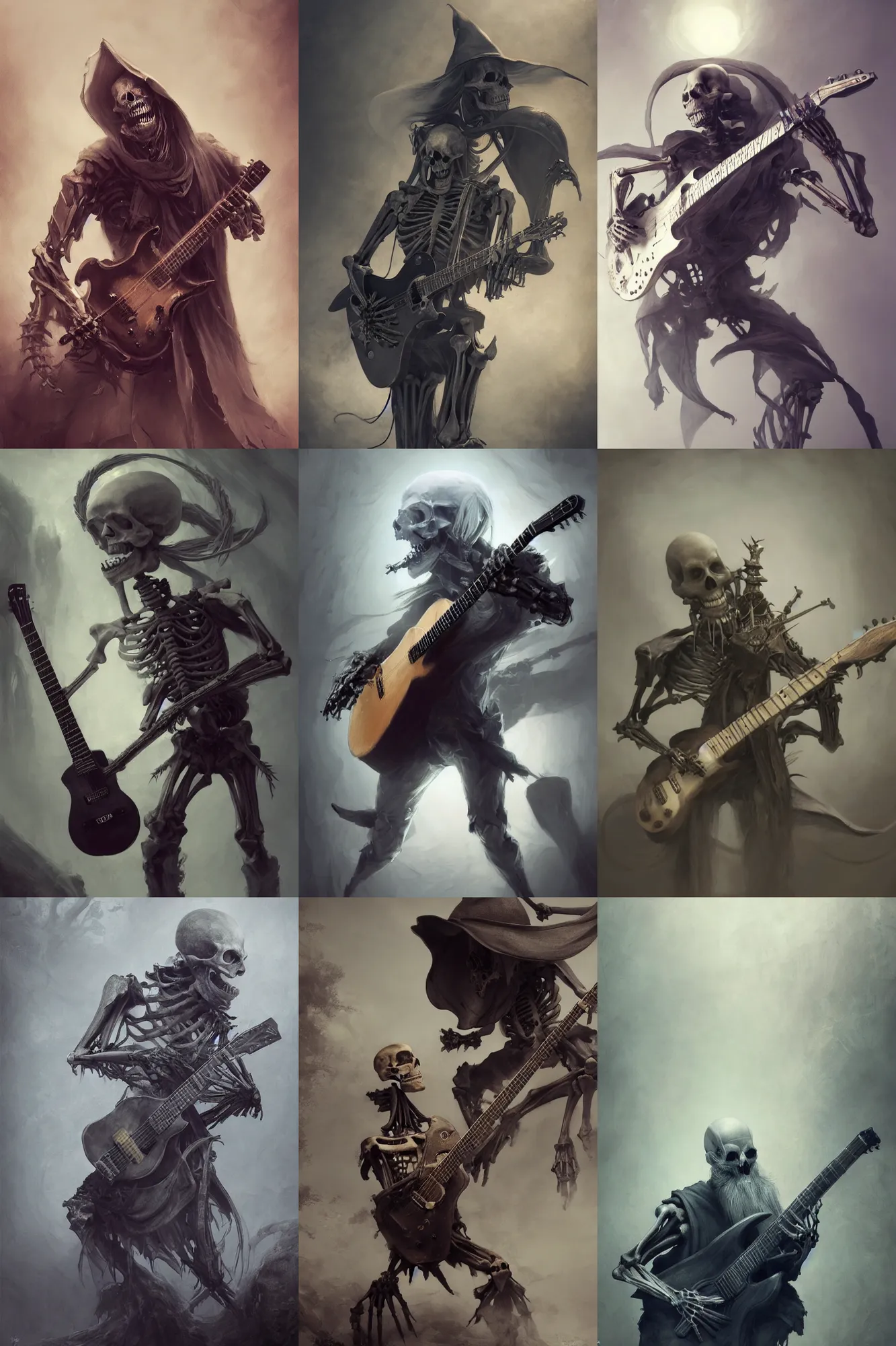 Prompt: a skeleton with a long grey beard playing the guitar, black clothing, 3 d render, hyper - realistic detailed portrait, ruan jia, wlop. scifi, fantasy, magic the gathering, hyper detailed, octane render, concept art, peter mohrbacher