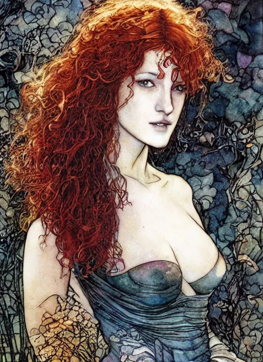 Image similar to realistic detailed painting of young jennifer beals by david mack, yoshitaka amano and rebecca guay and arthur rackham, Neo-Gothic, gothic, rich deep colors