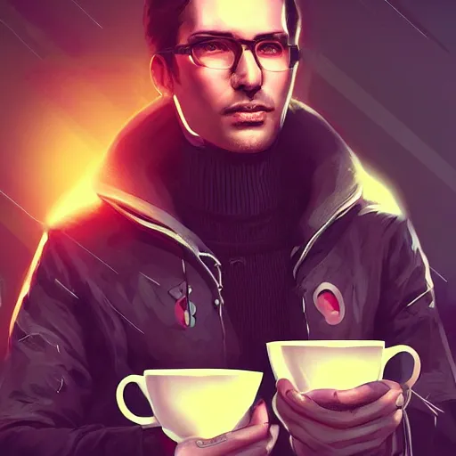 Prompt: portrait of a handsome startup CEO having a cup of coffee. cyberpunk style, digital art artstation cgsociety