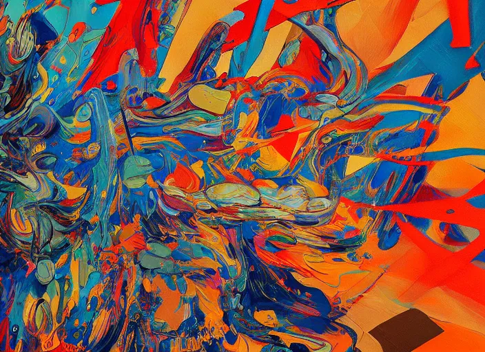 Prompt: highly textured oil painting modern art abstract, moma by james jean and katsuhiro otomo and erik jones, inspired by akira anime, smooth texture, intricate oil painting, high detail illustration, sharp high detail, long exposure