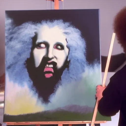 Image similar to a closeup photorealistic photograph of bob ross working on a canvas painting of marilyn manson. happy trees, mountain scape. film still. brightly lit scene. this 4 k hd image is trending on artstation, featured on behance, well - rendered, extra crisp, features intricate detail, epic composition and the style of unreal engine.
