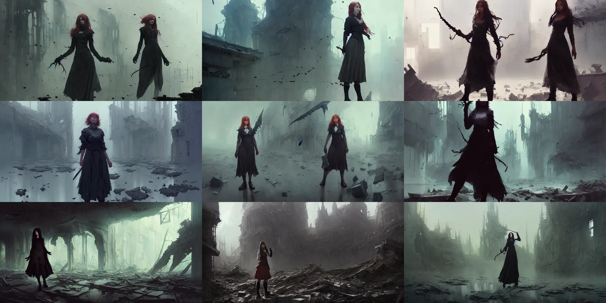 Prompt: single female witch school uniform, exploring abandoned city, collapsed building, floating, sci - fi fantasy, apocalypse, cinematic, illustration, masterpiece, digital painting, concept art, trending on artstation, art by ruan jia and wlop and greg rutkowski