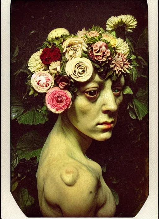 Prompt: beautiful and detailed rotten woman made of plants and many types of stylized flowers like carnation, chrysanthemum, roses and tulips, rococo ornamentation, intricate, surreal, john constable, guy denning, gustave courbet, caravaggio, romero ressendi 1 9 1 0 polaroid photo