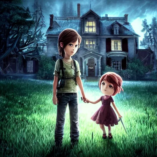 Prompt: Extremely cute and adorable epic very beautiful 8k HD key visual of Ellie (The Last of Us) and Marinette Dupain-Cheng exploring an eerie haunted mansion in a creepy! horror movie, official media, character design by Mark Ryden and Pixar and Hayao Miyazaki. The art style is quite chibi, with large heads and big wide eyes. 3D render diorama Macro photography, cosplay, unreal engine 5, DAZ, octane render, hyperrealistic, winter vibrancy, cinematic, dynamic lighting, intricate detail