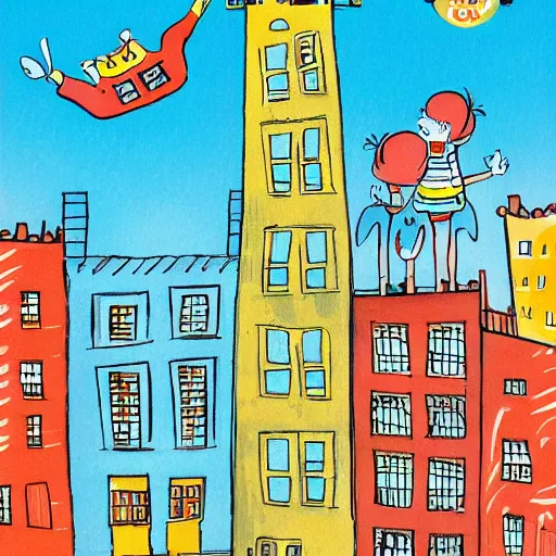 Prompt: city filled with buildings, colorful kids book illustration by dr seuss, towers, bridges, stairs