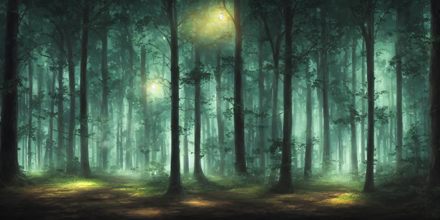 Image similar to a forest at night, cinematic angle, studio Ghibli, cinematic lighting, digital art, detailed oil painting, hyperrealistic, 8k