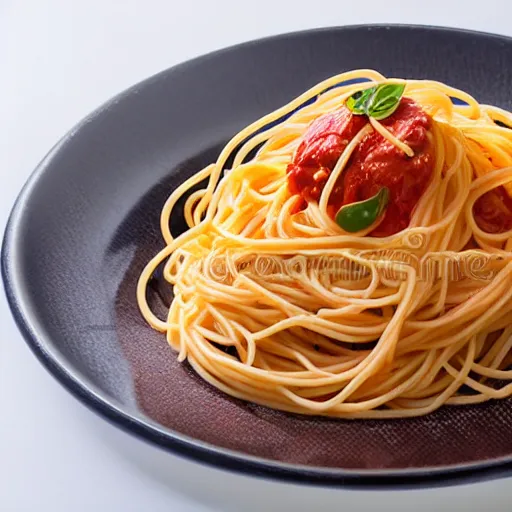 Prompt: extremely delicious looking photo of beautiful spaghetti,, unique way of serving, very expensive top quality product, michelin star, most perfect desert on the world, small manufacture, unique style, 8 k, product photography, professional studio photography