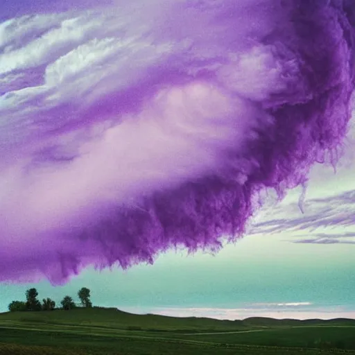 Image similar to tornado in the distance in a landscape, purple background