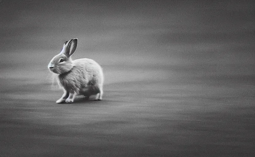 Prompt: rabbit, in motion, blur, action, wood, lomography photo, unfocus, monochrome, 35mm, noise effects filter