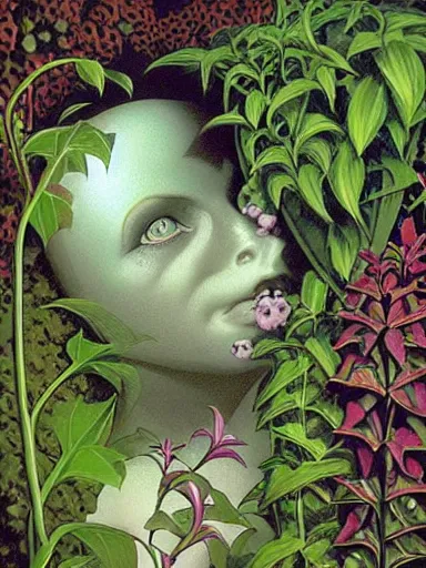 Image similar to The Hanging-Gardens of Pareidolia, lobelia, ivy, verbena and pothos growing facial features and optical-illusions!!!!!, aesthetic!!!!!, by Chris Tulloch McCabe in the style of Gerald Brom,