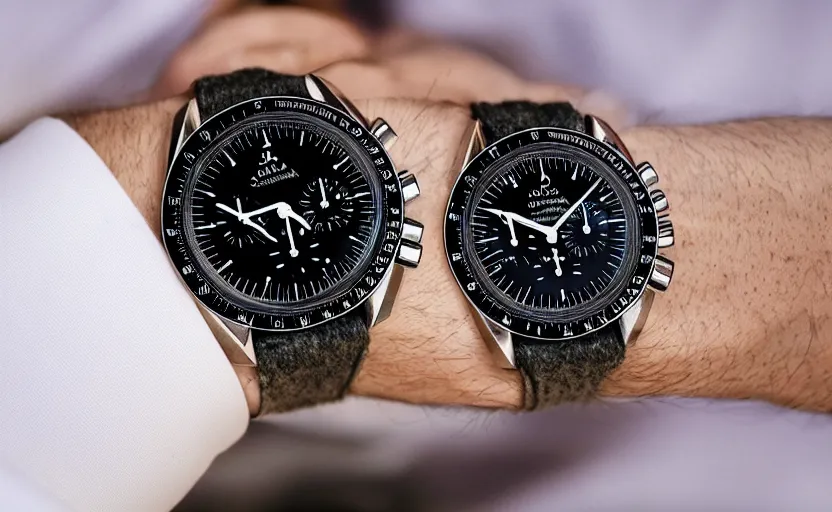 Image similar to omega speedmaster on the wrist of a lady with a wool suit in a cyberpunk city