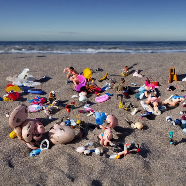 Image similar to surreal hyperrealistic photograph of a beach, toy dolls and parts of toy dolls strewn about, shot toward the ocean, wide shot, long shot