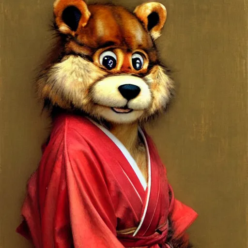 Prompt: a portrait of a furry hamato yoshi wearing a red kimono, hairy, furry body, furry arms, feet, tail. highly detailed painting by gaston bussiere, craig mullins, j. c. leyendecker, furry