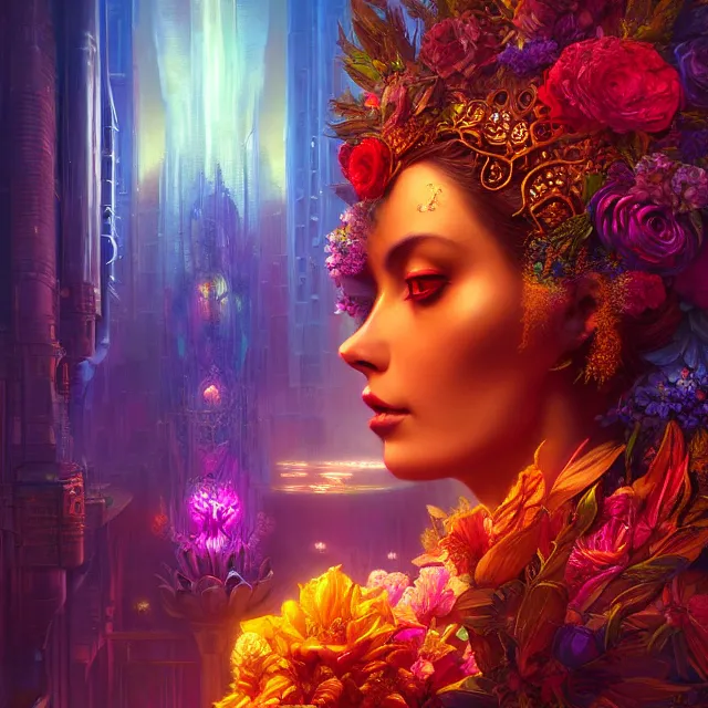 Prompt: Beautiful 3d render of the flower queen goddess in a sensual pose, atmospheric lighting, painted, intricate, volumetric lighting, beautiful, rich deep colours masterpiece, sharp focus, ultra detailed, in the style of Dan Mumford and marc simonetti, with a crowded futuristic cyberpunk city in the background, astrophotgraphy