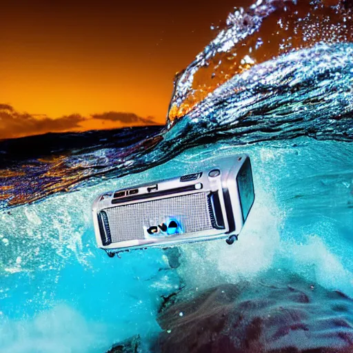 Prompt: 4 k sony a 7 wide angle photo stainless steel shiny reflective boombox speaker half submerged in water with a wave rolling over it in hawaii at dusk with neon lighting