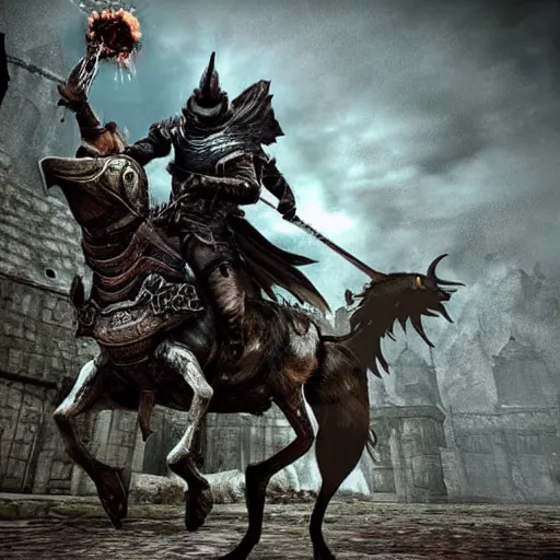 Prompt: Dark souls style dog riding an armored horse into a boss battle.