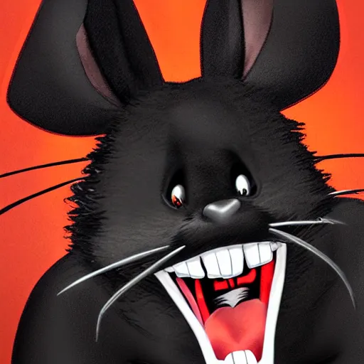 Image similar to A extremely highly detailed majestic hi-res beautiful, highly detailed head and shoulders portrait of a scary terrifying, horrifying, creepy black cartoon rabbit evil laughing standing up wearing pants and a shirt in the style of Walt Disney