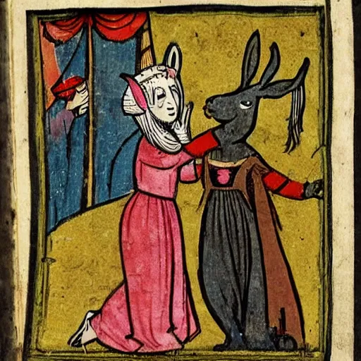 Prompt: a medieval book illustration of a woman and a rabbit dancing at a party