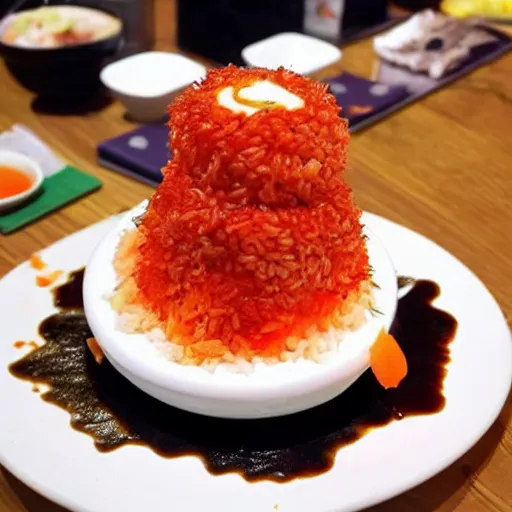 Image similar to a sushi volcano, rice piled high with sushi toppings and sauce as the lava, sushi volcano 🌋 🍣