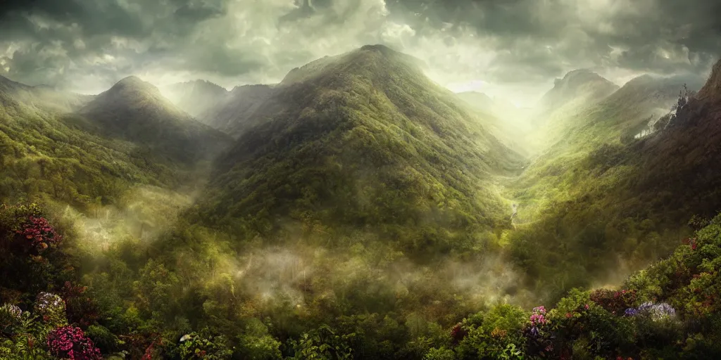 Image similar to appalachian mountain landscape, matte painting by andreas franke