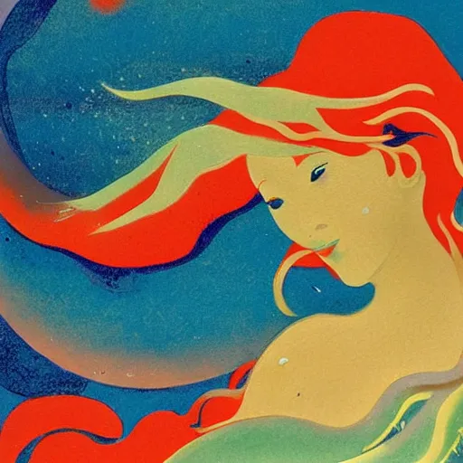 Image similar to A beautiful conceptual art of a mermaid swimming in the ocean. Her long, flowing hair streams behind her as she gracefully navigates the water. A coral reef and colorful fish can be seen in the background. Archean by Leonetto Cappiello