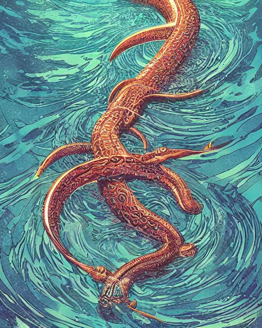 Prompt: a water serpent, digital art, illustrated by james gurney and victo ngai