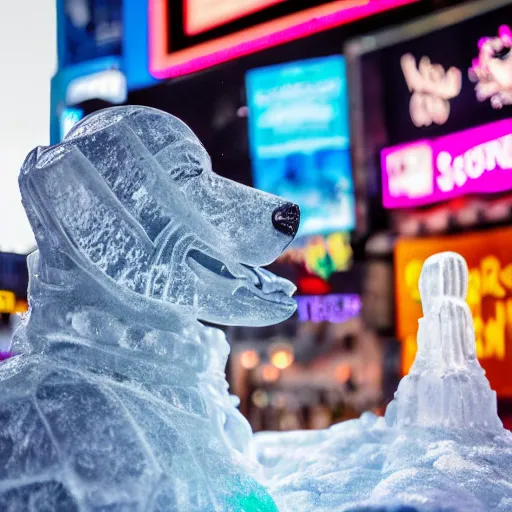 Image similar to snoop dog ice sculpture in times square, photorealistic, 8 k resolution, high detail