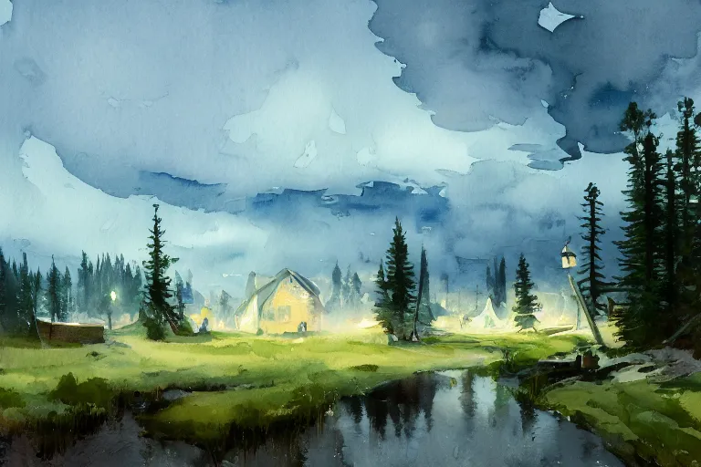 Prompt: small centered on watercolor paper, paint brush strokes, abstract watercolor painting of village in bog at nightfall, pine trees, sharp shadows, cinematic light, american romanticism by hans dahl, by jesper ejsing, by anders zorn, by greg rutkowski, by greg manchess, by tyler edlin