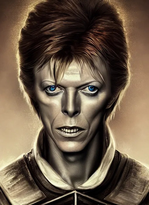 Image similar to masterpiece portrait david bowie, full body, dark souls style, warrior, gael knight, ashen warrior, detailed portrait, fantasy character portrait, top lighting, hyper detailed, digital painting, 8 k realistic, hyper detailed, realistic shaded, perfect face, artstation,