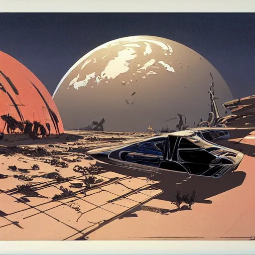 Prompt: post - apocalyptic earth by syd mead