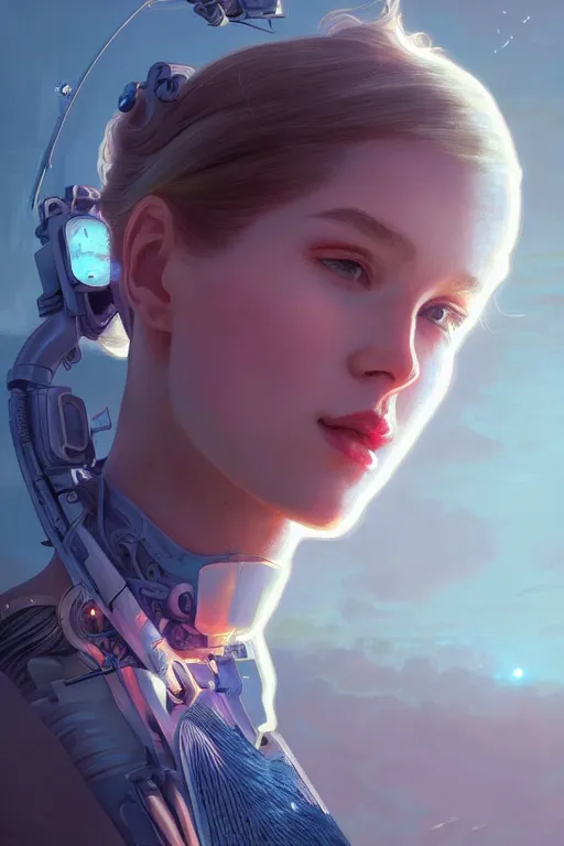 Image similar to portrait futuristic Airforce Girl, in future airport rooftop , ssci-fi, fantasy, intricate, very very beautiful, elegant, human anatomy, neon light, highly detailed, digital painting, artstation, concept art, smooth, sharp focus, illustration, art by tian zi and WLOP and alphonse mucha