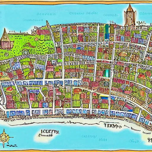 Prompt: map of a fantasy city, with color coded districts and names, highly detailed, illustration