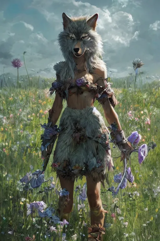 Image similar to A high fantasy wolf girl standing in the middle of the field of flowers by Eddie Mendoza face close up official media beautiful detailed high quality